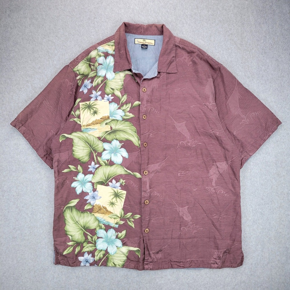 Tommy Bahama Silk Camp Shirt Mens Large Purple Loop Collar Floral Marlin Graphic
